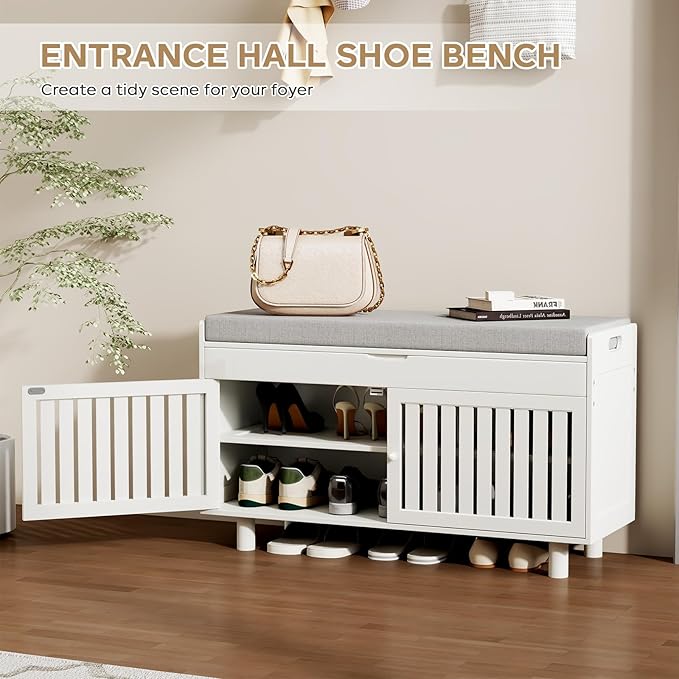 35.4in Shoe Bench with Storage, Bamboo Entryway Bench with Lift Top Hidden Storage & Padded Seat, 2 Doors 2-Tier Narrow Shoe Rack Cabinet Organizer for Hallway Mudroom Bedroom, White