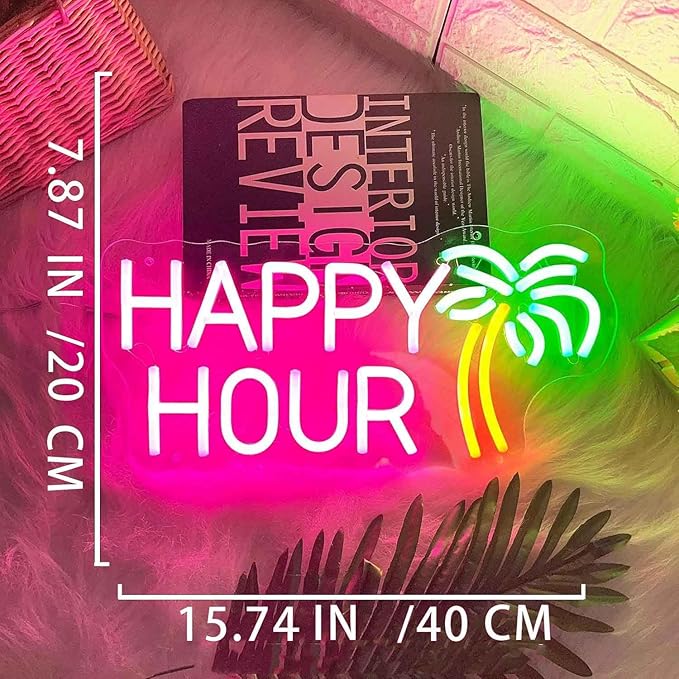 Happy Hour Neon Signs Coconut Palm Tree Pink Neon Bar Light Sign for Wall Decor Home Bar Club Coffee Pub Hotel Decor USB Operated Led Sign Game Room Bedroom Home Decor Birthday Wedding Sign