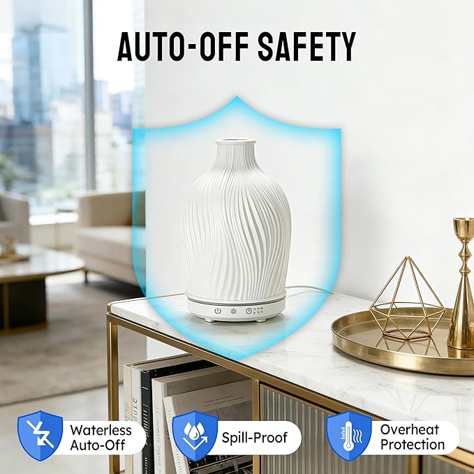 Essential Oil Diffuser 150ml, Resin Material Aromatherapy Diffuser with 1/2/4H Timer, 7 Color Lights, Auto Shut-Off, Whisper-Quiet Ultrasonic Humidifier for Home Bedroom Office (White)