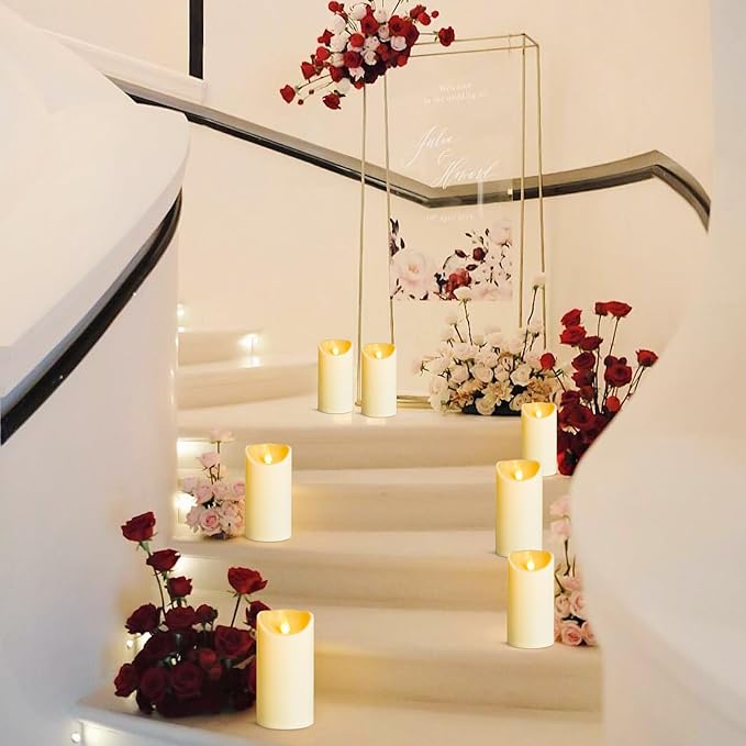 YIWER Plastic Flameless LED Candles,Pack of 4 Battery Operated Candle with 10 Key Remote Control Electric Fake Flickering Light Ivory Pillar D3”H6”