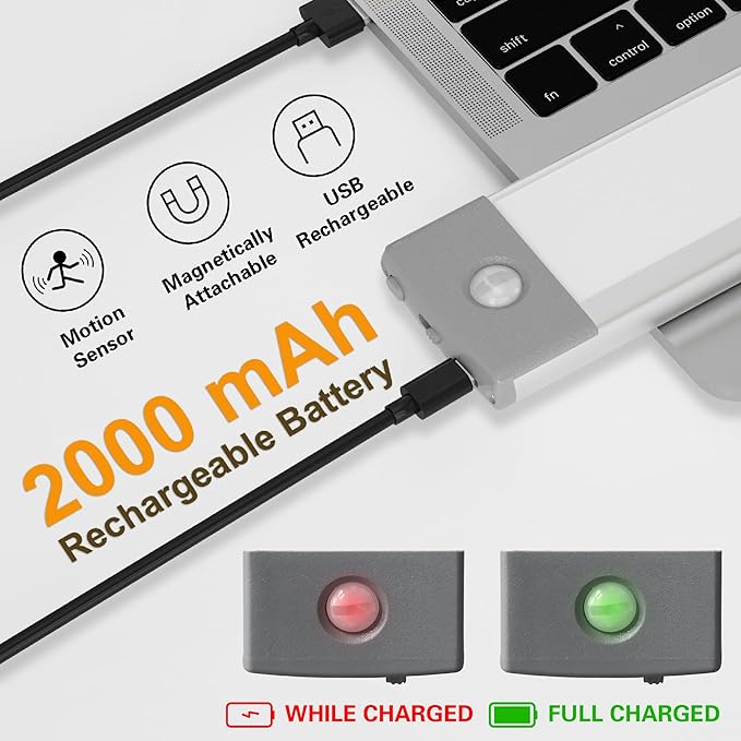 LEPOTEC 30 LED Under Counter Lighting, Motion Kitchen Cabinet Light, Battery Operated Closet Lights Pantry Light, Rechargeable Wireless Campervan Night Light,Warm White (7.8inch-30LED-1 Pack)