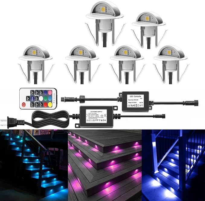 6 Pack LED Stair Lights Kit Low Voltage Waterproof IP65 Outdoor 1-2/5" Multi-Color RGB Recessed Wood LED Deck Lighting Yard Garden Patio Step Landscape Pathway Decor Lamps,RGB
