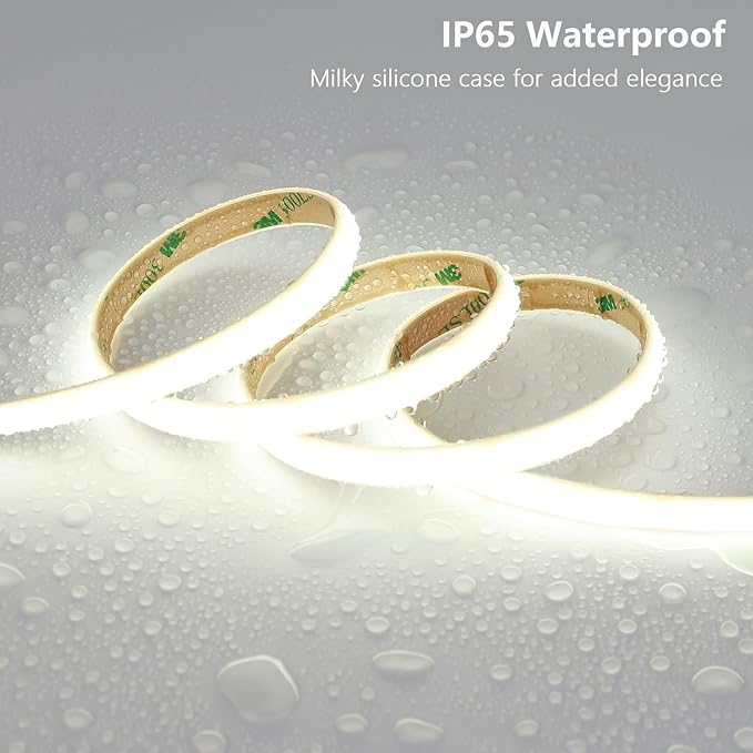 24V Diffused COB LED Strip Light 65.6ft (2 Rolls of 32.8ft), 6000K Cool White Outdoor Milky Silicone Waterproof, 11W/M CRI 93 LED Tape Lights with Power Supply for Bedroom Courtyard