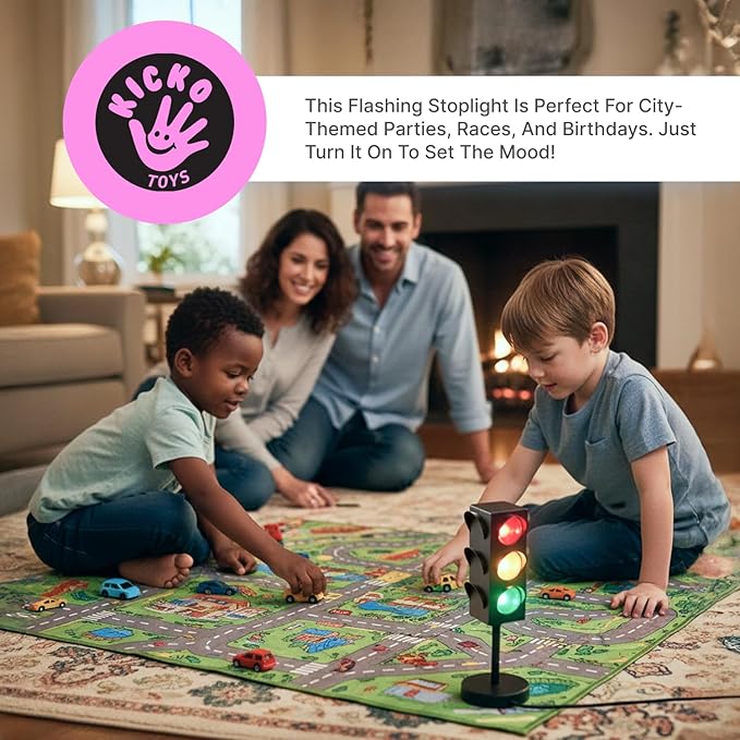 Kicko 11-Inch Traffic Lights Lamp with Base - 4-Mode Color Changing Stop Light Lamp for Kids’ Bedroom, Party Decoration or Playroom - Battery or USB Powered Mini Lighting - Ideal Traffic Light Decor