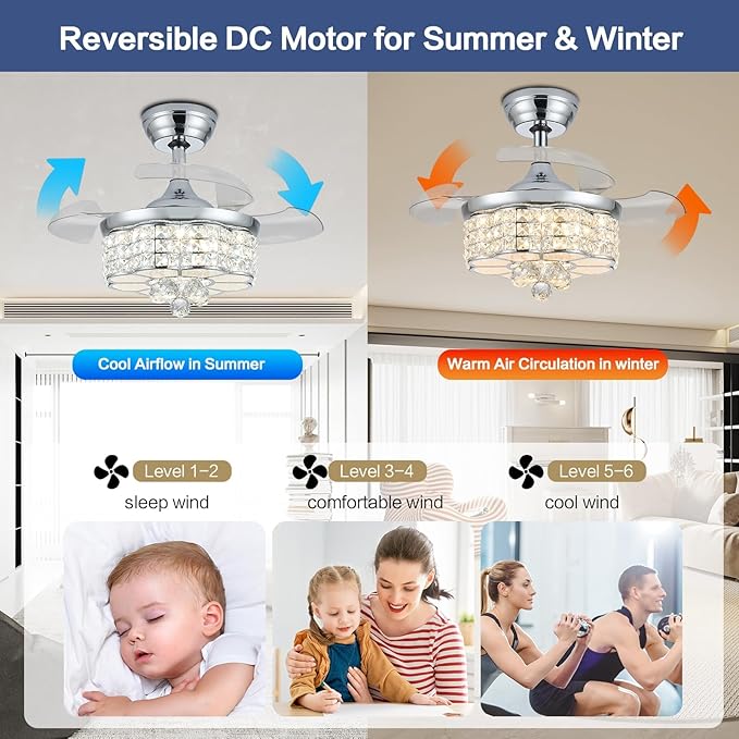 30" RGB Crystal Retractable Ceiling Fan with Light Dimmable LED Chandelier, Remote & App Control, 6-Speed Timer, Memory Function for Bedroom Living Room,Silver