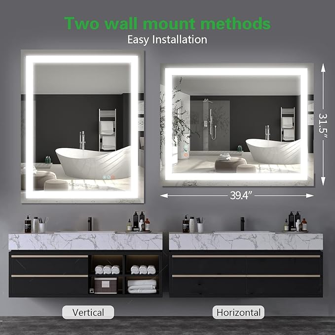 40”x 32” Bathroom Led Vanity Mirror with 3 Colors Light, Dimmable Touch Switch Control, Anti-Fog Wall Mounted Makeup Mirror for Wall (Horizontal