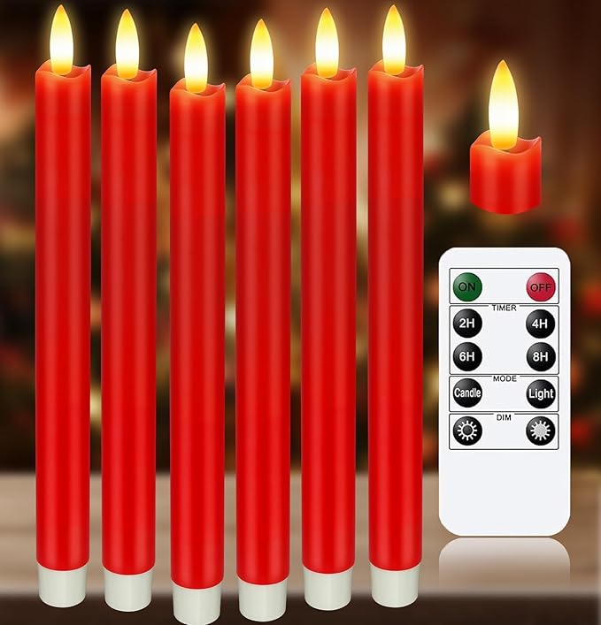 KSWING Upgraded Real Wax LED Flameless Red Taper Candles with Remote, 6 PCS Candlesticks Battery Operated 3D Flickering - 9.6" Long Realistic Fake Candle Sticks for Home/Wedding/Fireplace Xmas Decor