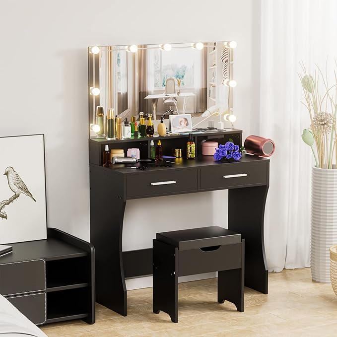 Makeup Vanity with Lighted Mirror & Outlet Charging Station, Vanity Set Makeup Table with Hair Dryer Holder, 3 Lighting Colors, Brightness Adjustable, 31.5in(W)