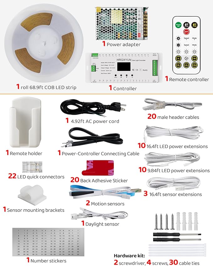 20-Step LED Stair Lights, 12V 6W 6500K Cool White Stair Lighting with Radar Motion & Daylight Sensors, Remote Control, Cuttable Every 1 Inch, Plug-and-Play Design,UL Listed