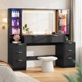 Big Vanity, 59.1" Fluted Wood Makeup Vanity Desk with Mirror and Sound Sync LED Lights, Large Vanity Dressing Table, 8 Drawers, 2 Glass Cabinets, with Charging Station for Girls, Women (Black)