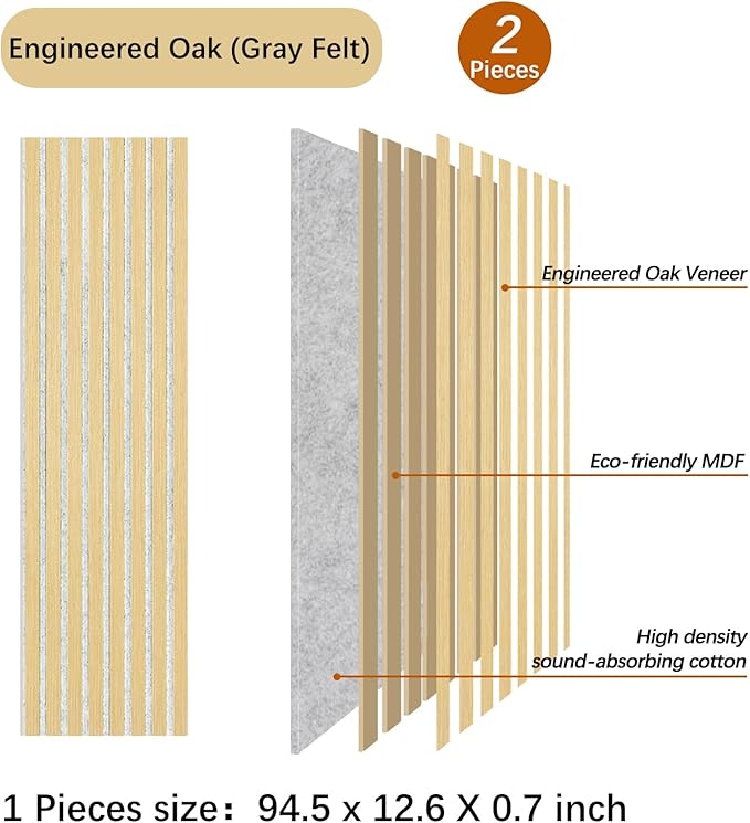 Wall Panels for Interior Wall Decor, 2-Pack Slat Wall Paneling, Oak Wood Veneer Acoustic Wall Panels - Wall Slats 12.6" W x 94.5