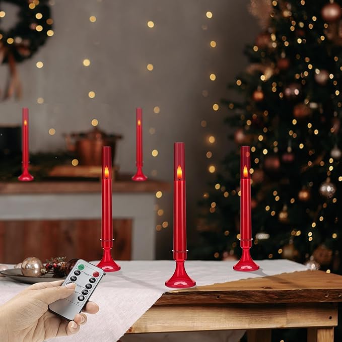 Red Flameless Taper Candles with Remote and Timer,Valentine Flameless Candles with Holders, 6 Pack LED Battery Operated Candlesticks 9.25"x0.75" for Valentine’s Day, Christmas