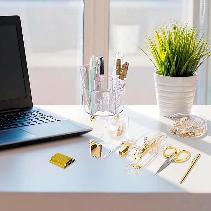 Office Desk Accessories Supplies - 11 Pcs Gold Desk Decor Set with 360-Degree Rotating Pen Holder, Women Cute Aesthetic Office Essentials Kit, Stapler Tape Dispenser, Acrylic Gift for School Home Work