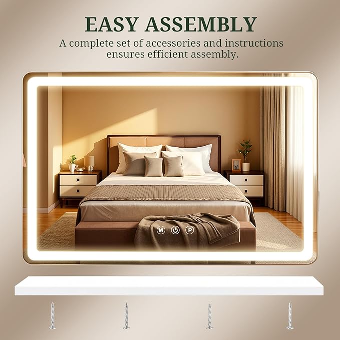 Vanity Mirror with Lights, LED Makeup Mirror with 3-Color Dimmable Lighting, Smart Touch Control, Memory Function, Tabletop Lighted Mirror for Bedroom, Dressing Room