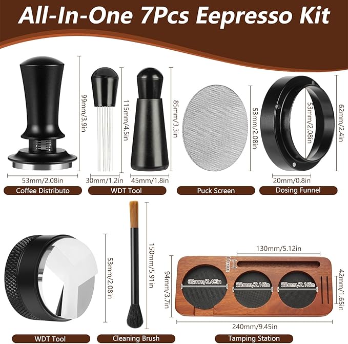 7 PCS Espresso Accessories,Espresso Tamper Tools,WDT Tool Espresso Machine Accessories Kit,Coffee Tamper with Wood Espresso Tamping Station,Distributor,Stirrer,Dosing Funnel,Brush,Puck Screen (54mm)