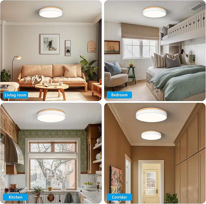 Dimmable Wood Oak Ceiling Light Fixture Modern White LED Flush Mount Ceiling Light 5CCT Minimalist Circle Close to Lighting Fixture for Bedroom Kitchen Bathroom Laundry Room 15.74 Inch