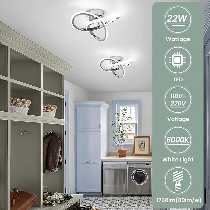 Modern LED Ceiling Lights, 9.5in Chrome Hallway Ceiling Light fixtures 22W Cool White 6000K, Flush Mount Ceiling Light for Kitchen,Aisle, Entrance, Bedroom, Bathroom, Living Room