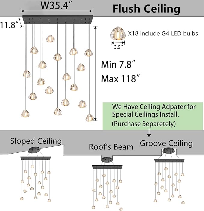 W35 x D11.8 x H118 Rectangular Chandelier Bubble Crystal Balls Glam Chandeliers Dimmable Light High Ceiling Pendants Light Fixtures Adjustable Long Lights Black