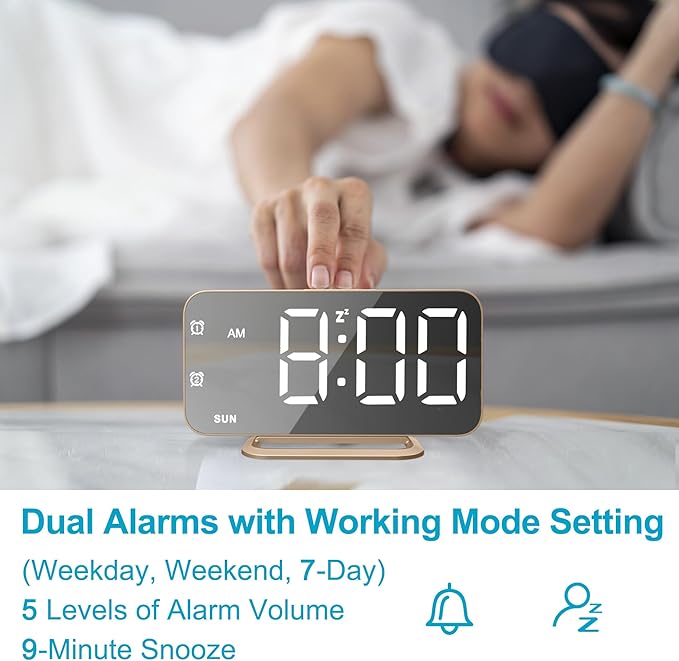 JALL Slim LED Digital Alarm Clock, Mirror Surface for Makeup, with Diming, Large Display, Easy Setting, USB Ports, Modern Decor for Bedroom, Desk, Idea for Women, Sister, College Girl, Black