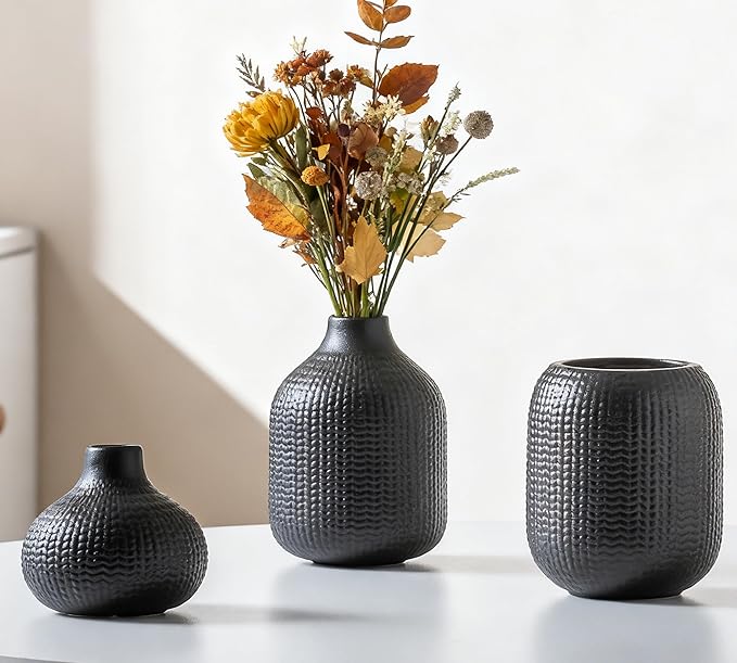 Black Ceramic Vases for Decor, 3 Set Weave Style Modern Minimalist Farmhouse Decoration for Table Shelf, Bookshelf Decoration