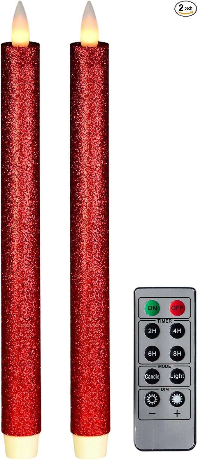 Flameless Taper Candles Flickering with Remote and Timer, 3D Moving Flame Taper Candle Battery Operated to 400 Hours, 9 Inch Window Candles, (Glittter Red)