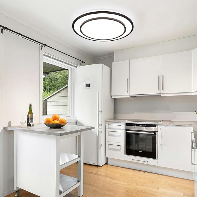 Black LED Flush Mount Ceiling Light Fixture 5CCT, Dimmable Light Fixture Ceiling Mount 16" 24W, Overhead Modern Close to Ceiling for Living Room, Foyer, Kitchen, Bedroom