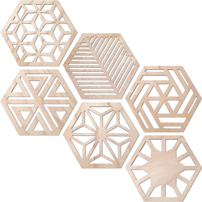 Ripeng 6 Pcs 11.8 Inch Boho Hexagon Wall Decor Farmhouse Wood Earthy Hexagon Wall Panels Modern Hollow Carved Design Rustic Abstract Decor for Living Room Kitchen Bedroom(6 Style)