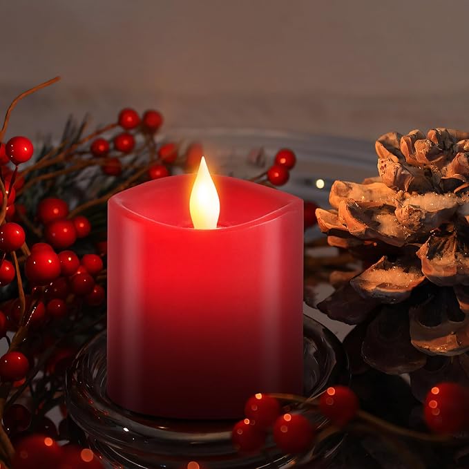 3x3 Flickering Flameless Candles Set of 1, Real Wax Pillar LED Candles Flickering, 3 inch Flameless Candles with Remote,Battery Powered Candles, for Party/Wedding,Red