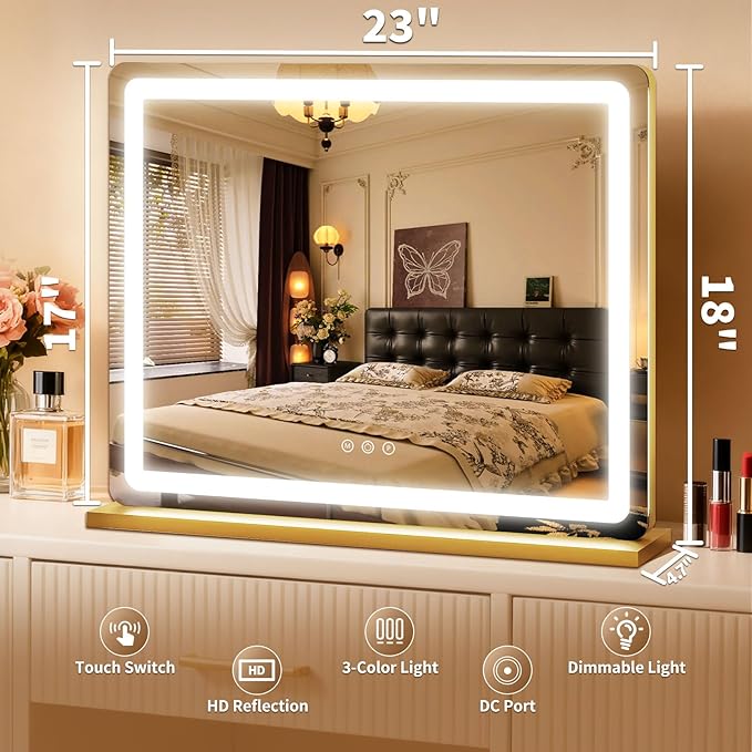 ROLOVE Vanity Mirror with Lights, Lighted Vanity Mirror with Dimmable 3 Modes, LED Makeup Mirror, Touch Screen Control, for Makeup Desk, Dressing Room, Gold, 23x19 Inch