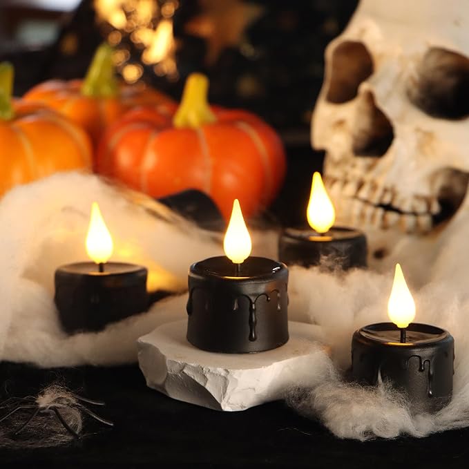6 pcs Rechargeable Halloween Black Flameless LED Tea Light Candles Halloween Pumpkins Lights for Holiday Decor, Theme Party Decor(Black)