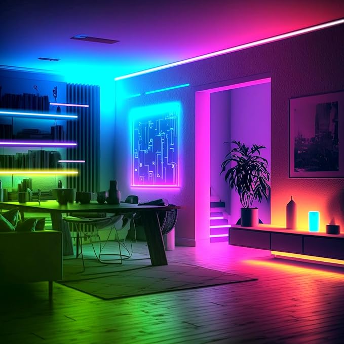 Upgrade Smart RGB Music Sync Multiple Colors Chasing 16.4ft neon Led Strip Lights Cuttable and Linkable, Flexible Outdoor Led Strip Lights Waterproof, Button or APP Control led Lights Strip