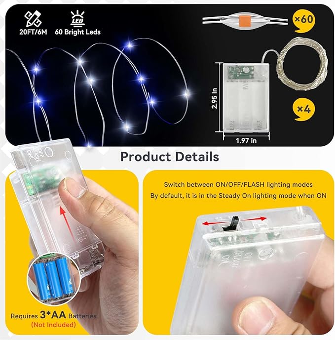 4 Pack 240LED Christmas Fairy Lights Battery Operated - 20FT Twinkle Lights with 2 Lighting Modes Indoor, Waterproof Led Fairy String Lights for Bedroom, Classroom, Dorm, DIY Decor, Blue & White