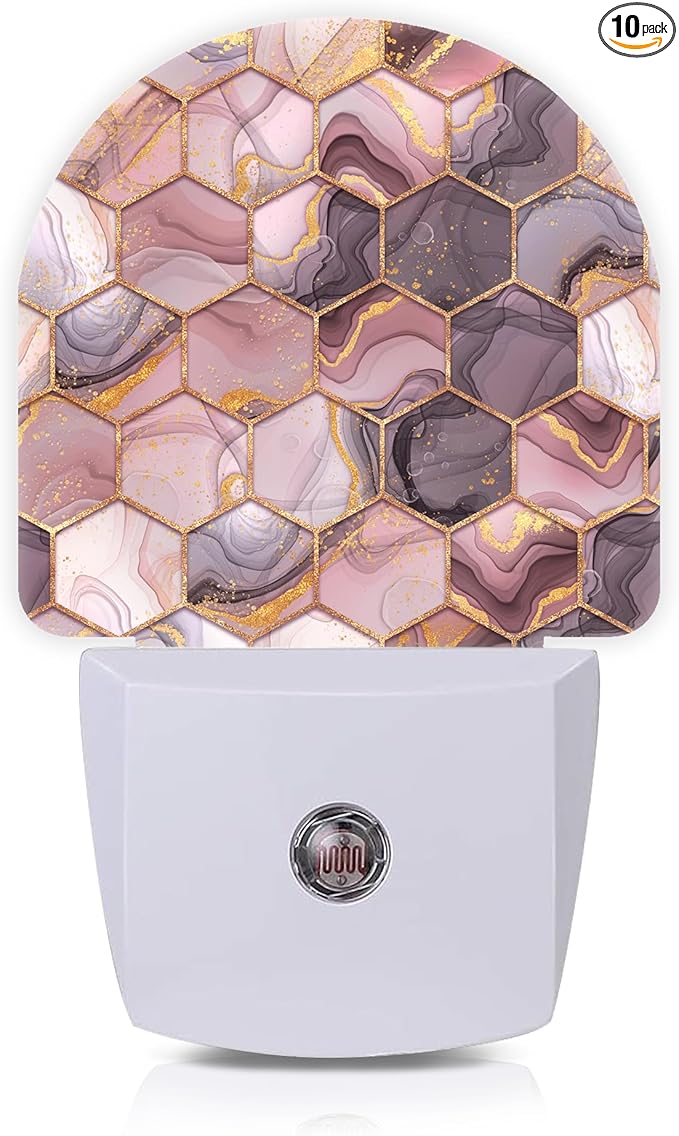 Pink Flow Marble Ink Hexagons Night Lights Plug into Wall for Girls Boys Room,Night Light LED Lamp Dusk to Dawn Sensor Round Lamp for Bedroom Bathroom Hallway Home Wall Decor
