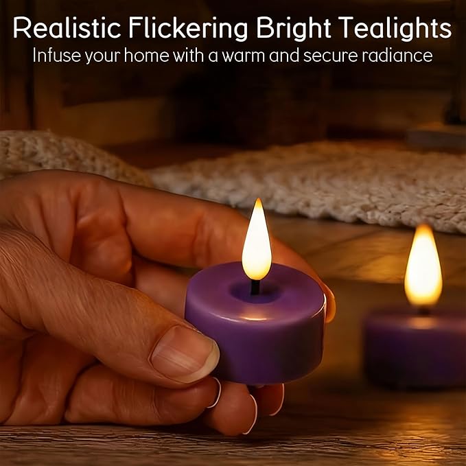 Eywamage Purple Flameless Wax Tealights with Remote Batteries, Flickering LED Tea Votive Candles Set of 10