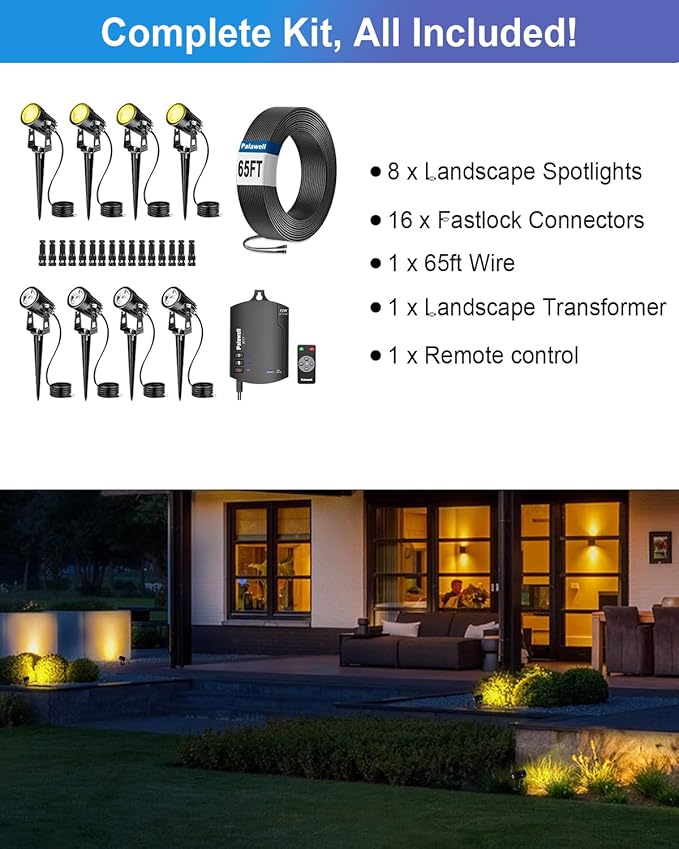 8-Pack Low Voltage Landscape Lighting Kit with WiFi 72W Transformer, 3W LED Spotlights with 65ft Cable, App and Voice Control, 3000K Warm White, 12-24V, IP65 Outdoor Pathway Uplights