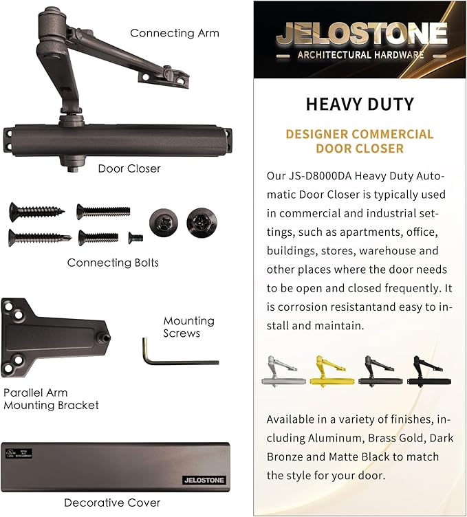 Heavy Duty, Commercial Door Closer D8000DA, ANSI Grade 1, UL 3 Hour Fire Rated, ADA Compliant, Delayed Action, Adjustable Spring Size 1-6 for Doors(44-330LB/30-60 in), Indoor/Outdoor (Bronze)