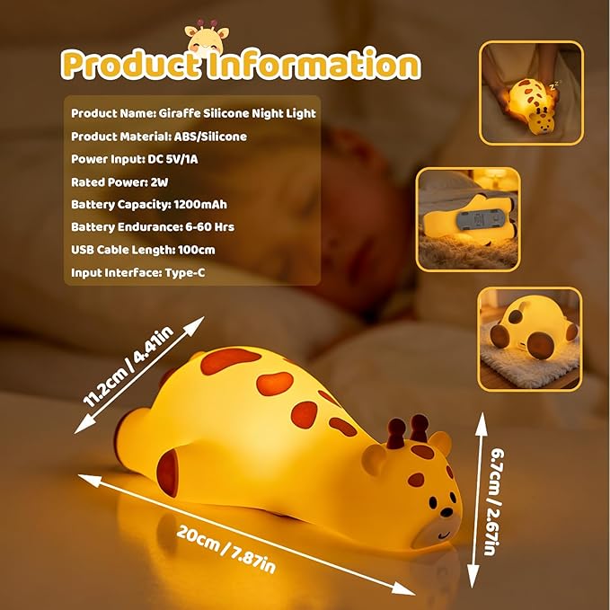 Lying Giraffe Silicone Night Light 3 Levels Dimmable Bedside Touch Lamp Rechargeable LED Bedside Lamp with 30 Minutes Timer & Tap Control Funny Gifts for Room Decoration Living Room Decor
