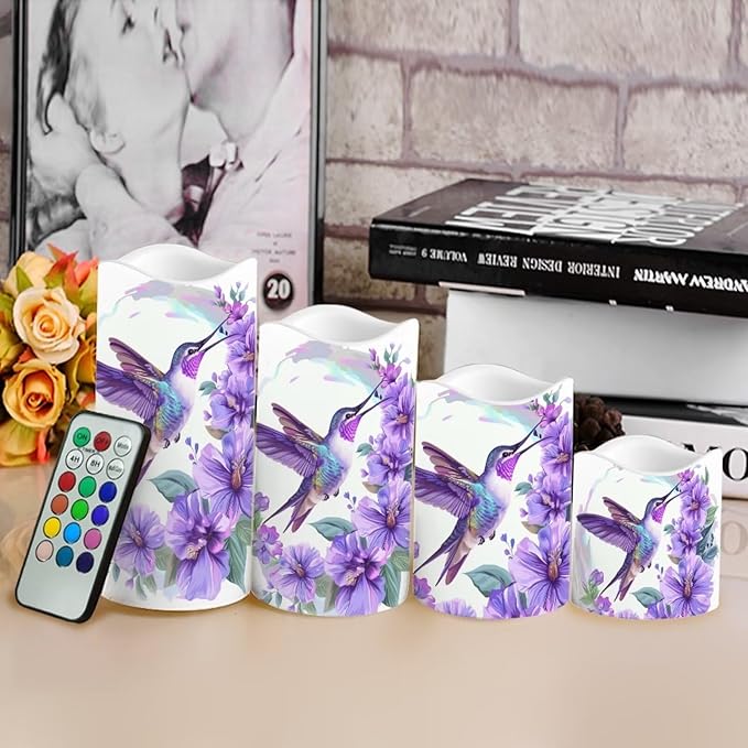 Purple Hummingbird Pillar Candles Bulk Led Flameless Battery Operated Candles with Timer Remote Color Changing Electric Fake Candles for House Warming Home Decorations Set of 4
