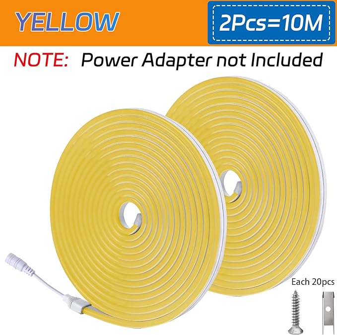 Neon Light Strip/32.8FT/10M Flexible and Waterproof LED Rope Light with Mounting Clips for Indoor & Outdoor Use, [Power Adapter Not Included] Yellow