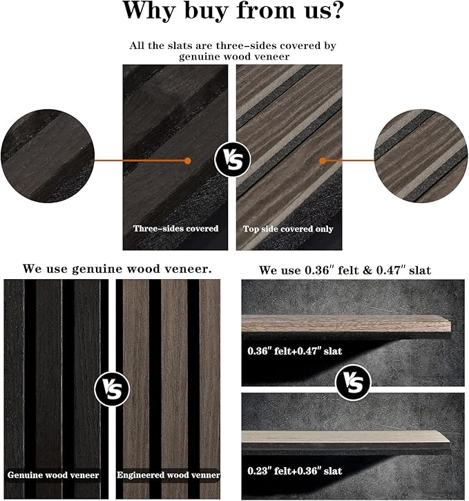 Wood Panels for Wall, Wood Slat Wall Panel - 2 Pack, Black Wood Slats for Wall, Natural Smoked Wood Veneer Accent Wall Panels, Acoustic Slat Wood Wall Panels - 12.6" W x 94.5" L