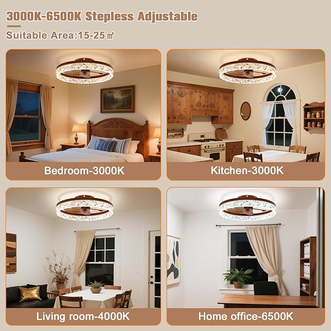 VOLISUN Farmhouse Ceiling Fans with Lights and Remote, 19.7in Low Profile Ceiling Fan Flush Mount, 3000K-6500K Dimmable Bladeless Fandelier Ceiling Fans with Lights for Bedroom(Walnut)