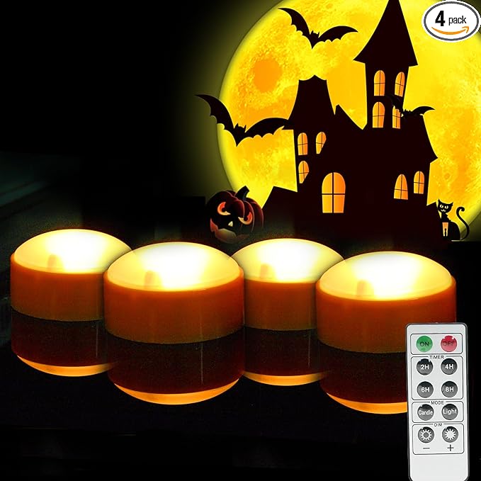 LED Pumpkin Lights with Remote and Timer, Battery Operated Bright Flickering Flameless Candles for Pumpkin Decor, Jack-O-Lantern Halloween Party Decorations,Orange Color, 4 Pack