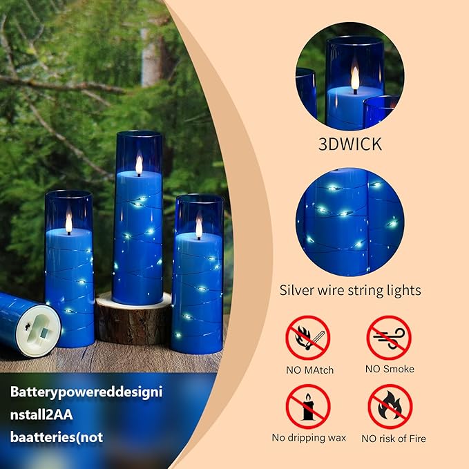 Flameless Candles with Embedded Star String, Battery Operated LED Pillar Candles with Timer and Remote Control,Home Decorating for Ambiance， Set of 7 (Blue)