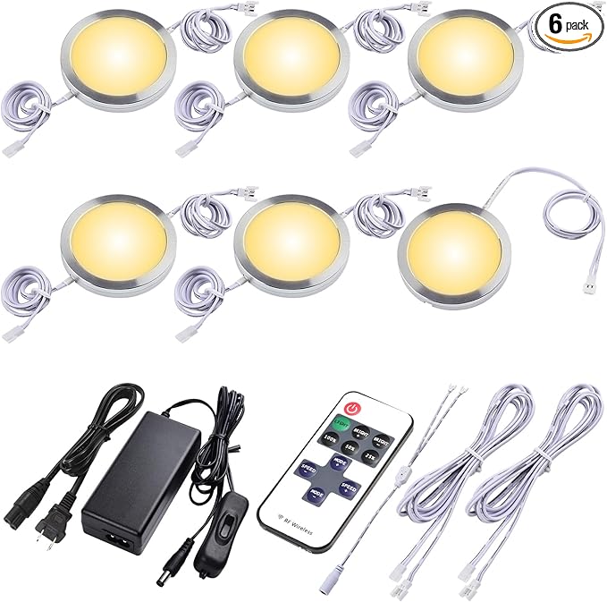 Kitchen Underneath Cabinet LED Puck Light, Hutch Backsplash Back Lighting, 110V Plug in & Hardwired, Wireless RF Remote Control Dimmable, Linkable, White Wires, Warm White 2700K, 6 Lights