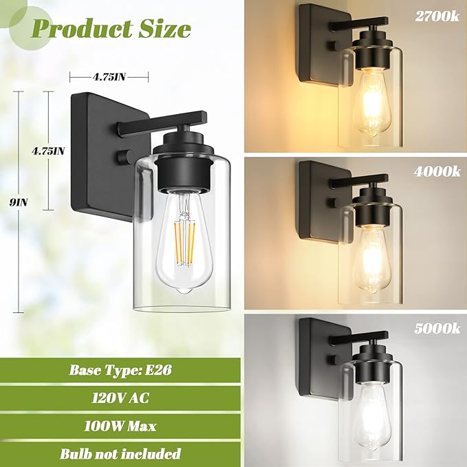 Set of 2 Wall Sconces for Bathroom, Modern Vanity Light Fixtures, Matte Black Wall Mount Lighting Lanterns, Farmhouse Wall Lights with Clear Glass Shade for Bedroom Living Room Mirror Hallway Kitchen