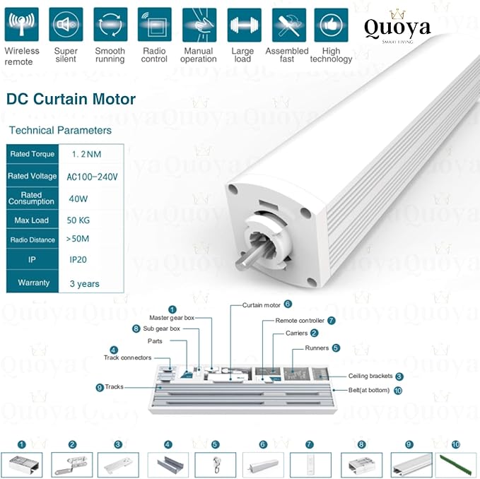 Quoya QL500 Smart Curtains System, Electric Curtain Track with Automated Rail【Motorized and Adjustable Tracks/Rod/Pole (up to 3.2 metres / 125 inches)】【Motor compatible with Alexa】