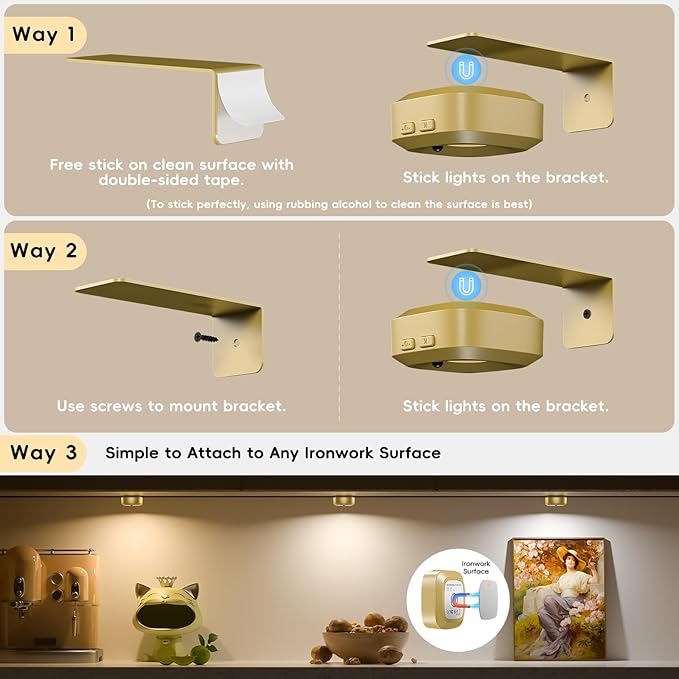 Picture Lights for Wall with Charge Station, 3 Pcs Rechargeable Magnetic Poster Lights with 3 Color Temperatures, Dimmable Timer Painting Wall Decor Light for Art Display, Frame (Gold)