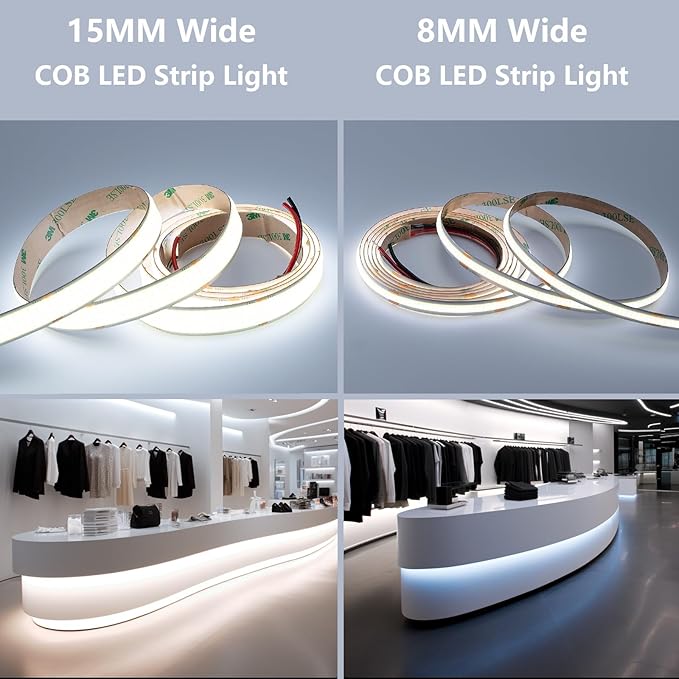 24V 15MM Wide COB LED Strip Light 32.8ft (2 Rolls of 16.4ft), 6000K Cool White Super Bright 25W/M 2750LM/M CRI 92 LED Tape Lights with Power Supply for Living Room Commercial