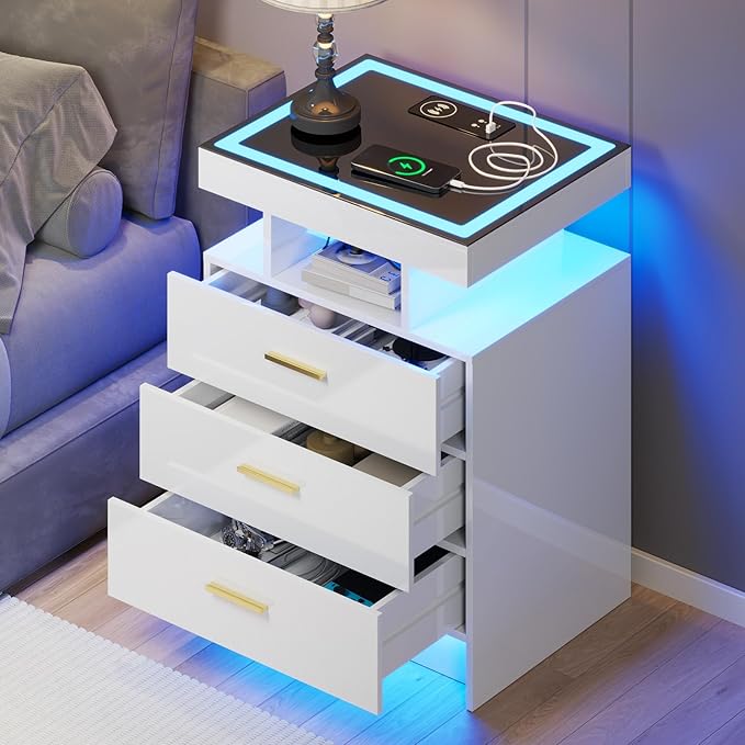White Night Stand with Wireless Charging Station,Smart Bedside Table with 3 Drawers,Modern Glass Top End Table with 3 Color Dimmable,LED Nightstand for Bedroom