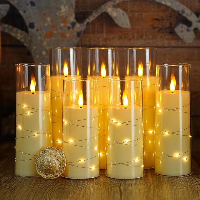 Flameless Candles with Embedded Star String, Battery Operated LED Pillar Candles with Timer and Remote Control,Home Decorating for Ambiance， Set of 7(Ivory)